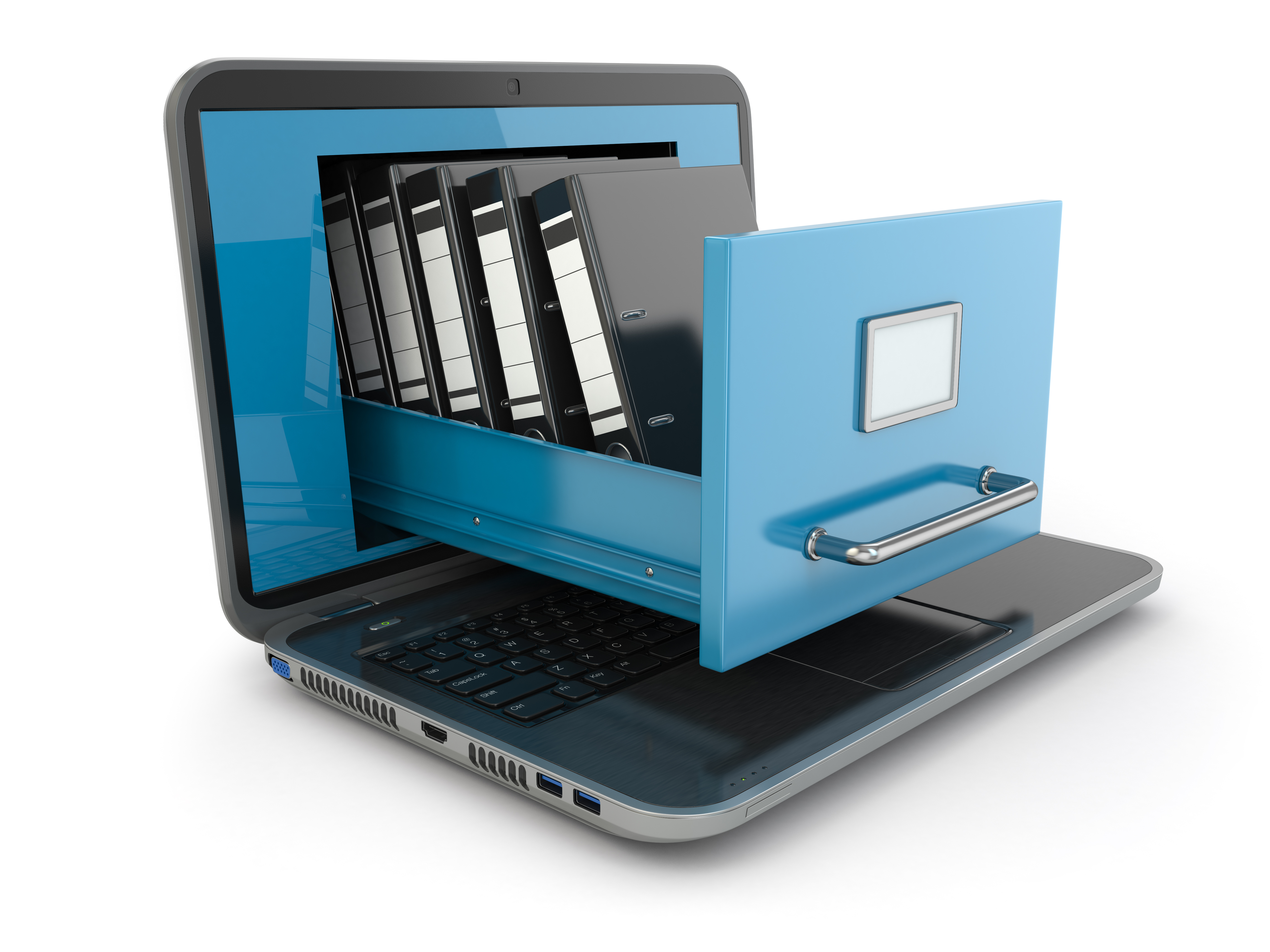 Data storage. Laptop and file cabinet with ring binders. 3d